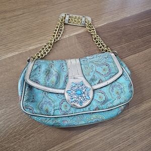 Elegant Turquoise Paisley Handbag with Gold Chain